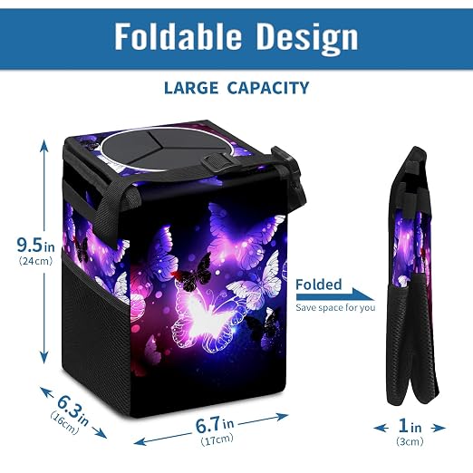 Purple Butterfly Trash Can With Lid - Collapsible Reusable Waterproof Car Garage Bag, Automotive Garbage Can, Accessories Interior Organizer