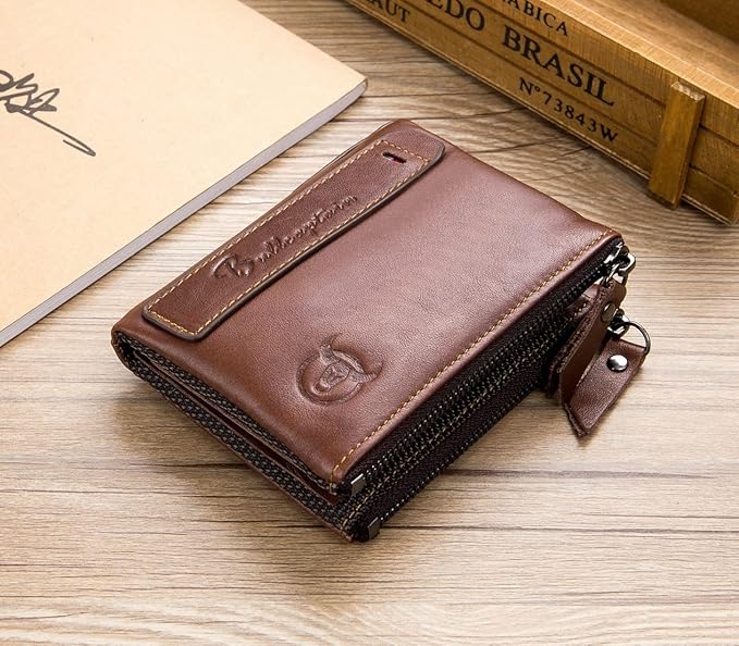 BULLCAPTAIN Genuine Leather Wallet for Men Vintage Bifold Double Zipper Coin Purse (Coffee)