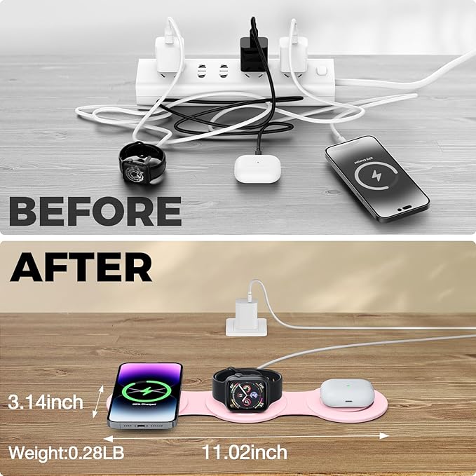 Hicober 3 in 1 Wireless Charging Station for Apple Watch and iPhone Air 17 16 15 14 13 12 Pro Max/Plus, Magnetic Foldable Wireless Travel Charger Station Stand for Airpods iWatch All Series Pink