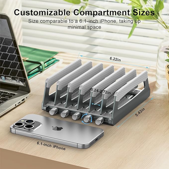Elestoria 6-Slot Vertical Laptop Stand & Holder ?“Adjustable Aluminum Laptop Stand Vertical for Desk Fits 6 Devices, MacBook & Gaming Laptops (Up to 17.3???“Space Saving Laptop Storage Rack - Grey