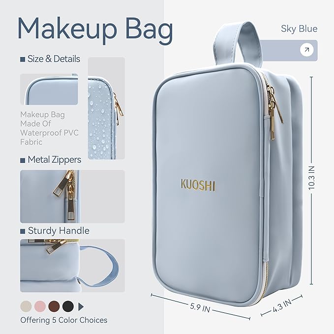 Travel Makeup Bag for Women, Large Capacity Waterproof Cosmetic Organizer with Divider & Handle, Portable Open Flat Toiletry Pouch for Travel Accessories (Blue)