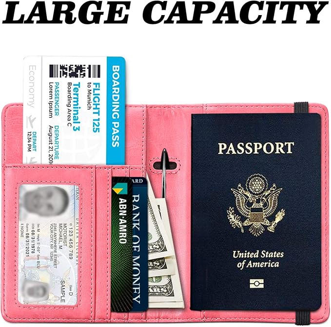 HerriaT Leather Passport Holder Cover Case RFID Blocking Travel Wallets Card Case for Women Men(Pink)