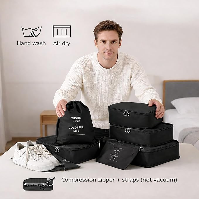 7 Set Packing Cubes For Travel | Luggage Organizer Bags With Shoe, Laundry Bag, Accessory Pouch And Lingerie Bag | Durable And Space Saving Suitcase Organizer For Travel Essentials | Black
