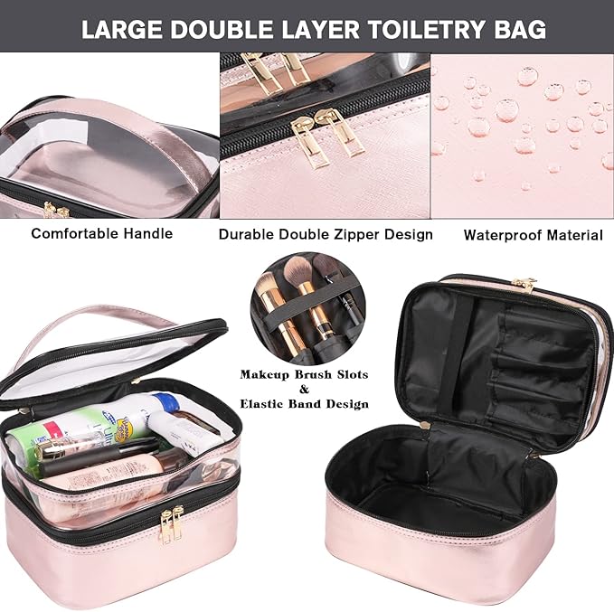 FITINI 3 Pieces Makeup Bags Double Layer Travel Large Cosmetic Cases Organizer Toiletry Bags Waterproof Small Zipper Pouch for Women Makeup Brush Storage Bag,Pink