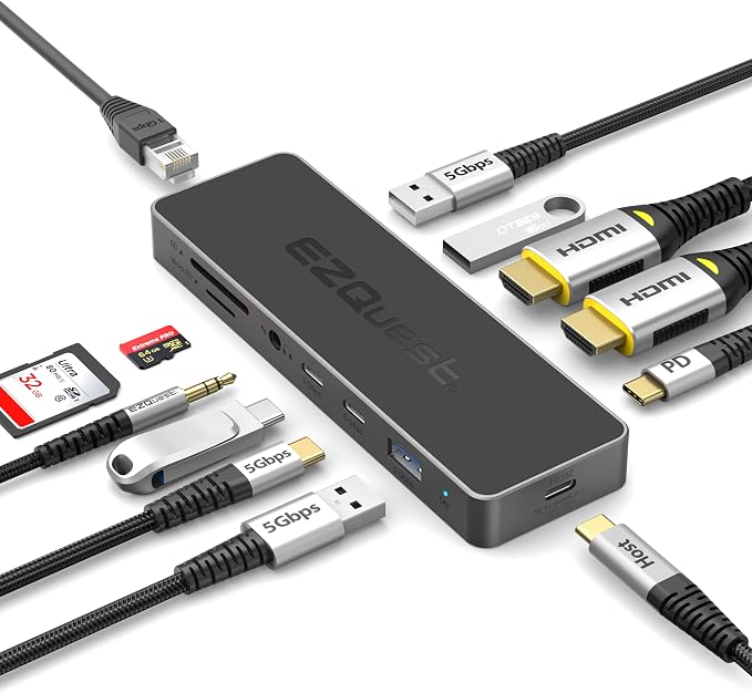 USB-C Hub 12-in-1: Dual 4K 60Hz HDMI, 100W PD, Gigabit Ethernet, 5X USB Ports (2X USB-C, 3X USB-A 5Gbps), SD/MicroSD, Audio Jack - Docking Station for Windows, MacBook Pro/Air, Chromebook