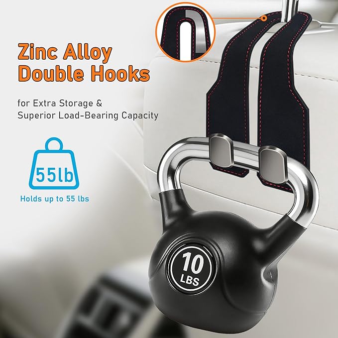2 Pack Leather Car Headrest Hooks, Double Hook Heavy Duty Purse Holder, 360° Rotating Seat Back Organizer Holds 55 lbs for Handbags, Grocery Bags, Universal Fit Car Accessories, Black