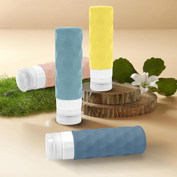 Silevoler Travel Bottles for Toiletries, 4pcs Tsa Approved 3oz Travel Size Containers, BPA Free Leak Proof Premium Silicone Bottles, Refillable Liquid Squeezable Accessories W/Toiletry Bag(Bright)