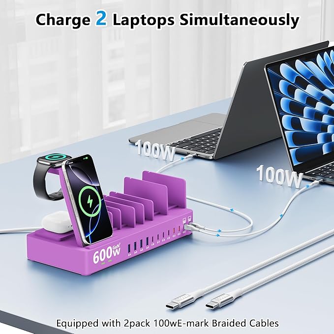 600w Charging Station for Multiple Devices, 15 in 1 Wireless Charger with 2pack 100w USB C Charger Cable, Dual 100w USB C Tablet Charging Station for MacBook,iPhone,iPad,Tablet(Purple)
