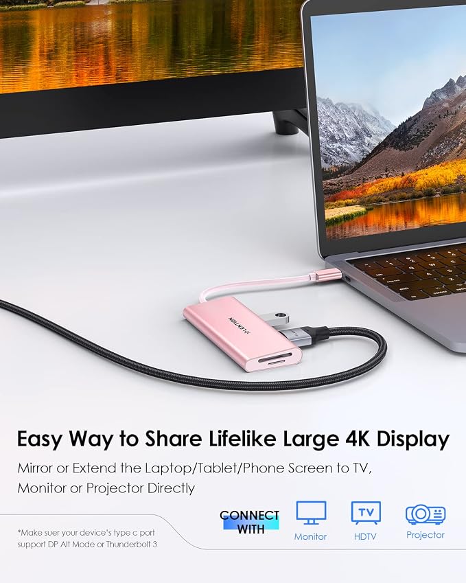 LENTION USB C Hub with 4K HDMI, 3 USB 3.0, SD/Micro SD 3.0 Card Reader, Compatible MacBook Pro/Air, Mac, Surface, Chromebook, iPhone17/16/15 Pro Max, More (Rose Gold)