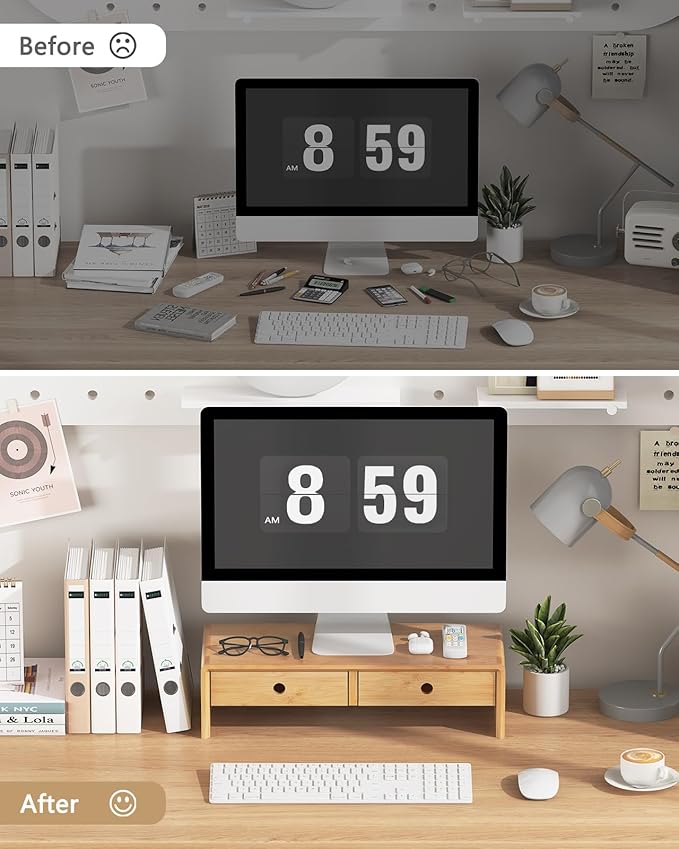 Ufine Bamboo Monitor Stand with 2 Drawers Desktop Organizer Computer Screen Laptop Riser Ergonomic Height for Home Office