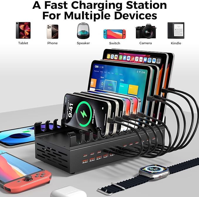 300W USB Charging Station for Multiple Devices, 24 Port USB C Fast Charging Station, Multi Device Charger Station Organizer Compatible with Tablet, Laptop, Cellphone, iPhone, iPad (300, Watts)