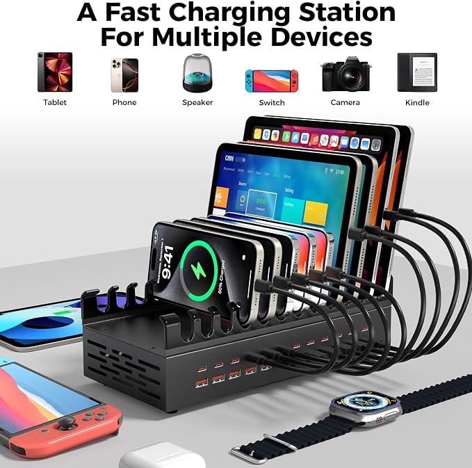 350W USB Charger Block Charging Station, 8 Port USB C Fast Charging Station for Multiple Devices, PD 100W USB Fast Charger Block Compatible with Laptop, Tablet, ΐPhone, iPad and More