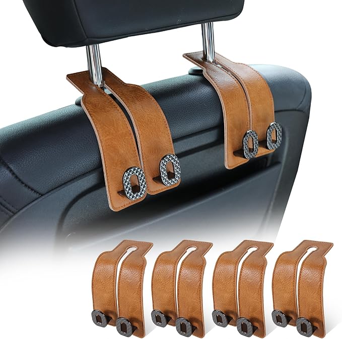 Car Headrest Hooks Universal Car Purse Hook Premium Leather and Alloy Twin Hook Car Seat Back Storage Hanger Hook for Purse Bags Cloth Drink Durable Holder Car Accessories (BH09-Brown-Black-4 Pcs)