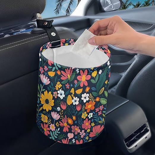 Colorful Flowers Car Garbage Trash Can Collapsible Trash Rubbish Bin Basket Bag Portable Cup Holder Organizer with Strap Universal Storage Bag Box for Front Seat, Back Seat, Headrest