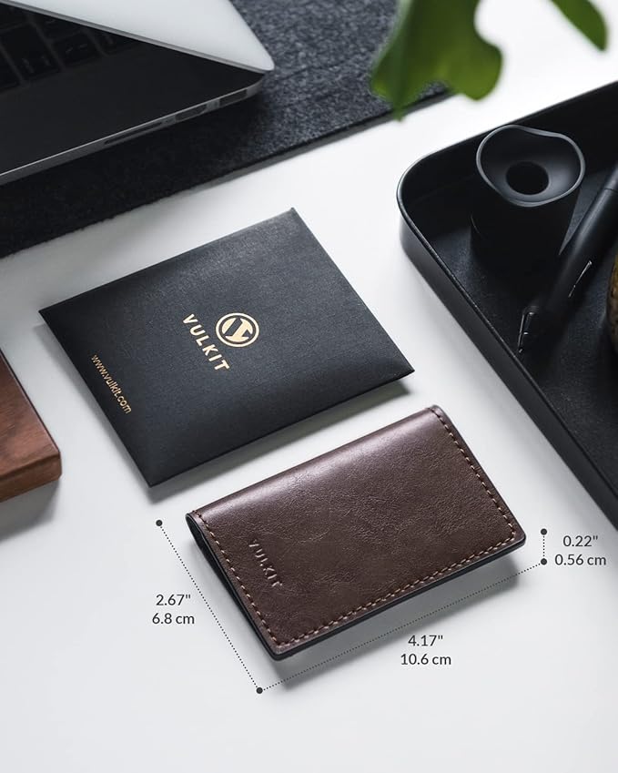 VULKIT Leather Business Card Holder 2 Sided Slim Business Name Card Organizer for Men or Women, Up to hold 20 cards (Vintage Espresso)