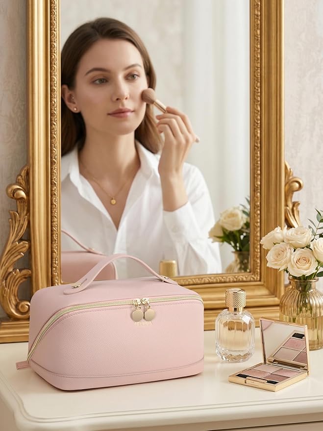 Telena Leather Make Up Bag Portable Travel Makeup Bag Waterproof Cosmetic Bags for Women Large Capacity With Handle and Divider Open Lay Flat Pink
