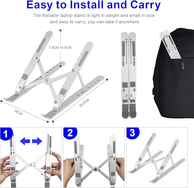 Laptop Stand - Adjustable Ergonomic Aluminum Stand, 7 Angle Anti-Slip, Compatible with 9-15.6 inch Laptops, Silver