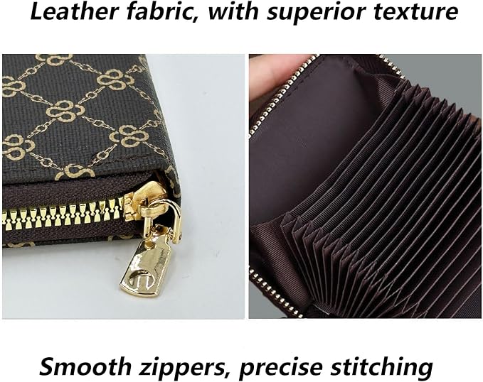 Ladies change card bag, zip storage bank card case, small portable 11 large capacity pouch, holds banknote change credit card (Brown grid)