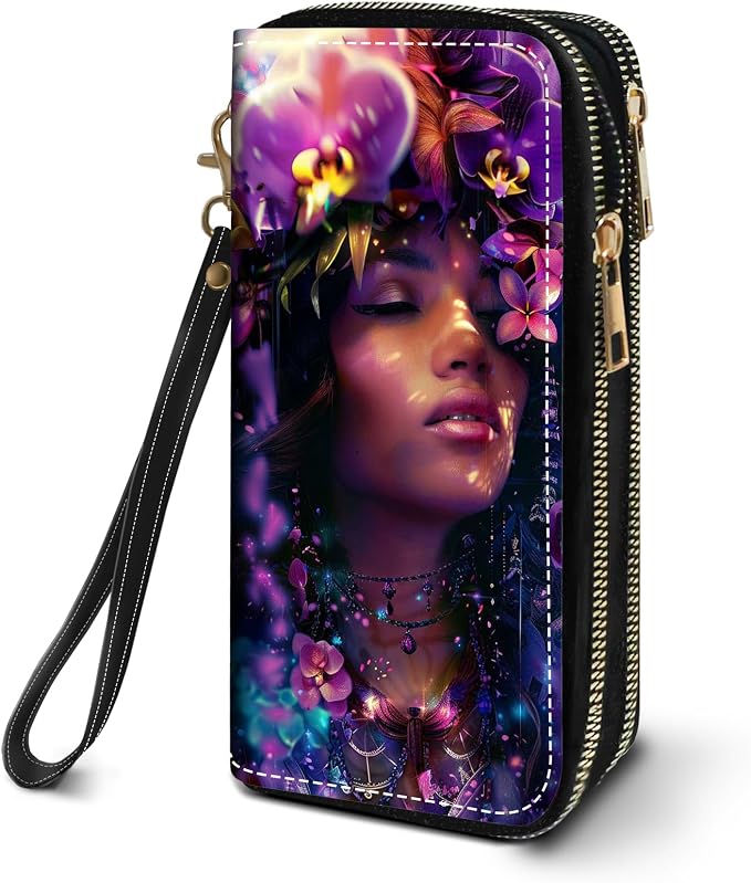 Women's Large Capacity Wallet PU Leather Double Zipper Clutch Purse Multifunctional Wallet with Removable Wristlet Strap for Smart Phone/Coin/Card/Cash, Floral Wreath Women