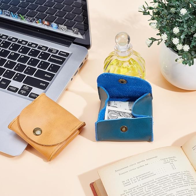 Rustic Genuine Leather Coin Purse Snap Closure Squeeze Pouch Retro Handmade Cowhide Leather Change Holder Wallet for Men Women Coins Jewelry Earphones Money Organizer(Dark Blue)