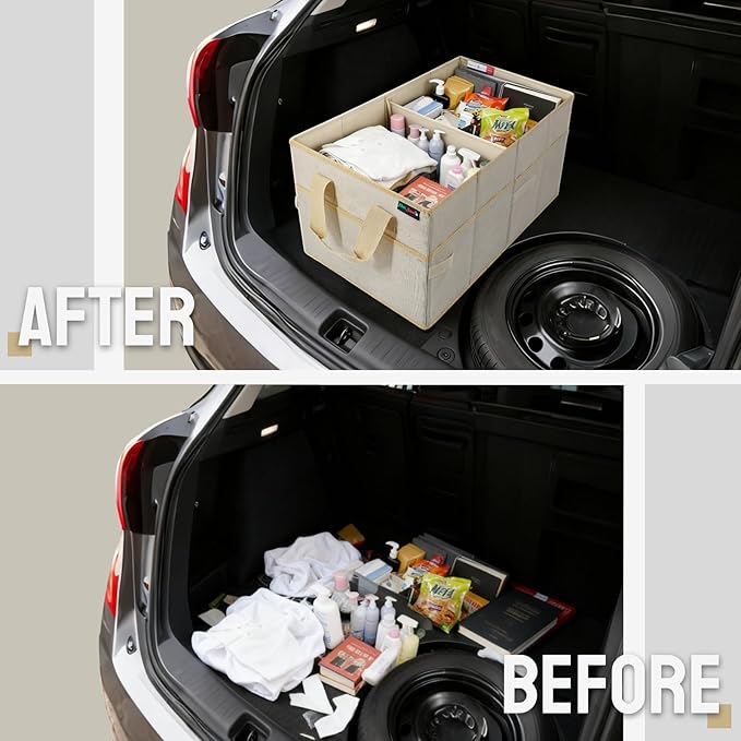 PAT SAM'S Car Trunk Organizer for SUV, Foldable Collapsible Storage Organizer with Dividers, Non-Slip Waterproof 600D Oxford, Backseat & Trunk Storage for Groceries, Tools, Toys (Gray)
