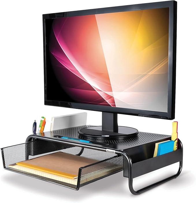 Allsop 32166 Metal Art Organizer 5 Riser Monitor Stand with Drawer and Side Caddies, Black