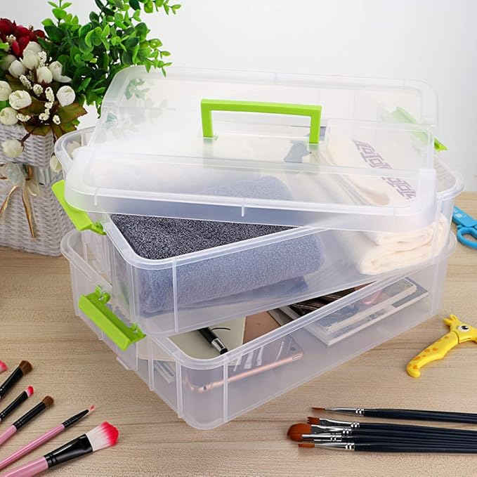 JUXYES 2-Tiers Stack Carry Storage Box With Handle, Transparent Stackable Storage Bin With Handle Lid Latching Storage Container for School & Office Supplies (Green)