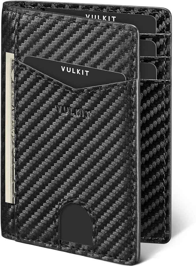VULKIT Bifold Front Pocket Slim Wallet RFID Blocking Minimalist Thin Leather Credit Card Holder Wallet for Men and Women Carbon Fiber