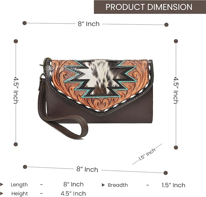 Merbaa Western Leather Wallet for Women, Hair-On Vegetable Tanned Leather Clutch Aztec Wristlet Purse, Card Cases & Money Organizers Bifold Cash Phone Slim Organizer with Card Slots, Zip Coin Pocket