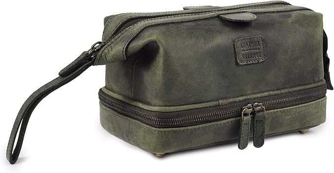 LEATHER VILLAGE Genuine Leather Dopp Kit – Large Travel Toiletry Bag with Waterproof Lining, Dual-Zip Design for Men & Women, Organizer for Shaving, Makeup & Essentials - Olive