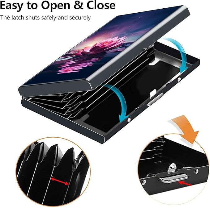 Credit Card Holder, Lotus Flower Design Mini RFID Blocking Aluminum Wallet Slim Metal Hard Case Shell Travel Wallet ID Case Small Credit Cards Case Business Cards for Women Men Girls
