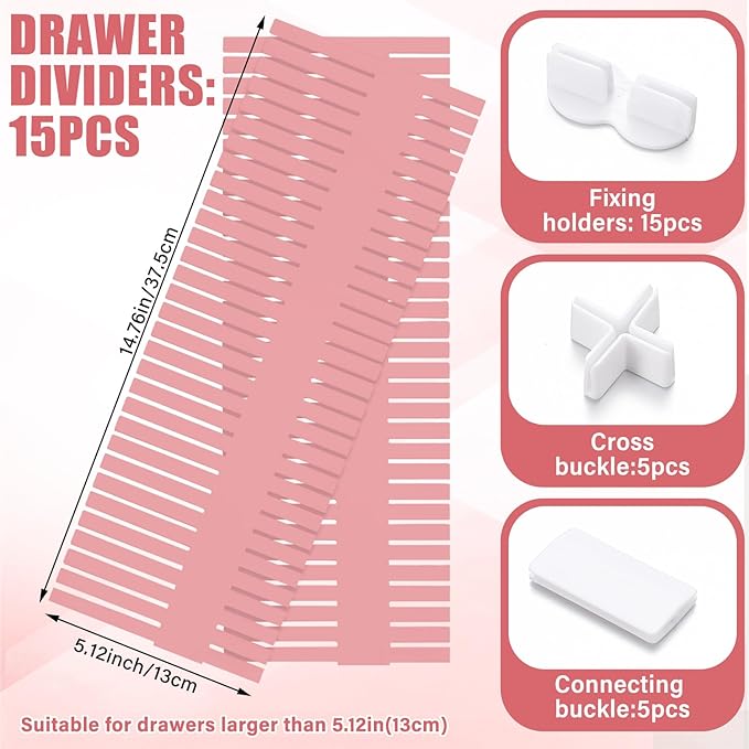 Blosssound 15 Pcs 5.12 Tall Drawer Divider Adjustable Drawer Organizer DIY Ultra Deep Storage Organizer Separator with Fixed Buckle for Underwear Socks Dormitory Office Kitchen Bedroom(Pink)