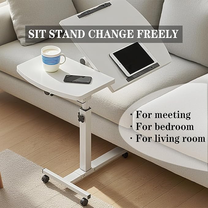 Height and Angle Adjustable Overbed Tables Laptop Stand with Wheels for Couch Hospital Over Bed Table Side Tray Tables Laptop Bed Sofa Side Table