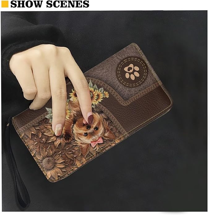 Bulopur Sunflower Yorkshire Wallet for Women RFID Blocking Leather Large Capacity Card Holder Ladies Phone Clutch Travel Long Purse Wristlet Christmas Gifts for Dog Lovers