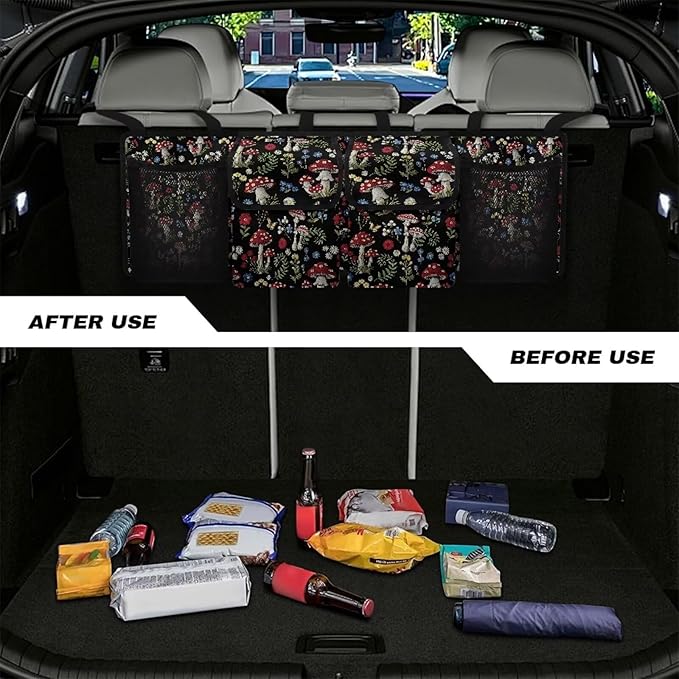 Mushroom Designs Car Trunk Organizer Hanging Car Back Seat Storage Bag with 4 Large Pockets Multipurpose Collapsible Storage Bag Automotive Interior Accessories