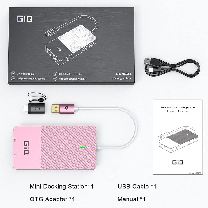 USB Docking Station GIQ USB C HUB USB 3.0 to Dual HDMI VGA Adapter Triple Display USB C Laptop Docking Station Dual Monitor HDMI Splitter Extender Compatible with MacBook M1 M2 M3 M4 M5 USB Dock