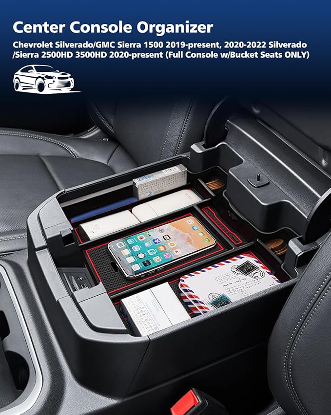 FIILINES Center Console Organizer Tray for Chevrolet Silverado/GMC Sierra 1500 2019-2022 and Silverado/Sierra 2500HD 3500HD 2020-2023 Accessories (Full Console Bucket Seats ONLY)