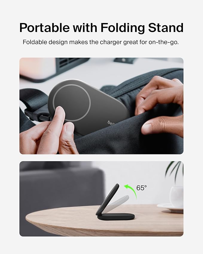 Belkin Magnetic Foldable Wireless Charging Stand 15W - MagSafe-Compatible Qi2-Certified Charger, Wireless Charging Stand for iPhone 16, Galaxy S25, & More - Standby Mode Ready w/PSU Included - Black