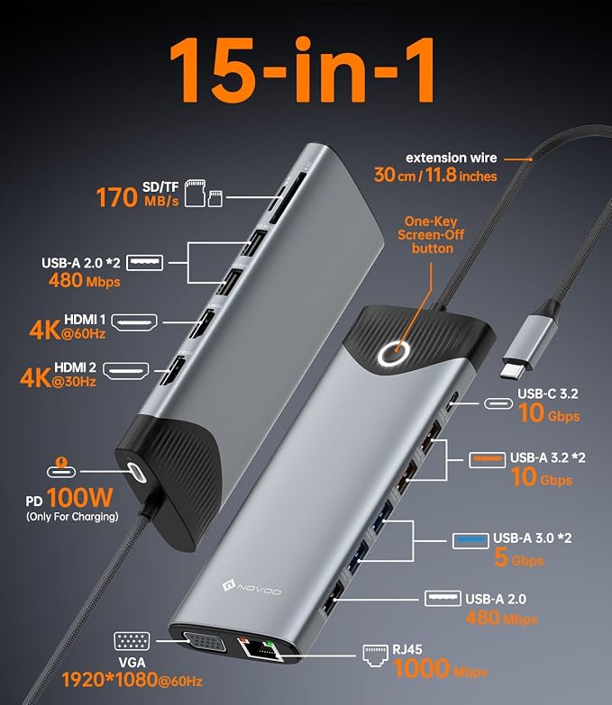 NOVOO 10Gbps USB-C Docking Station, 15-in-1 Dual/Triple 4K 60Hz HDMI & VGA, 100W PD Charging, 7USB-A+1USB-C, Gigabit Ethernet, SD/TF, Audio, Multiport Dock for MacBook HP Dell Lenovo Surface