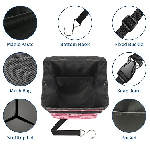 Car Trash Can Pink Piggy Pig Auto Garbage Bag Car Trash Can with Lid Leak-Proof Car Storage Bag Garbage Bag Hanging for Headrest Collapsible and Portable with Storage Mesh Pocket