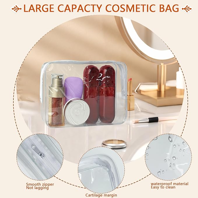 Waterproof PVC Makeup Bag - Leakproof Cosmetic Organizer for Travel Toiletry Storage 9.84×7.09×2.36 Inch for Women & Men (Clear)