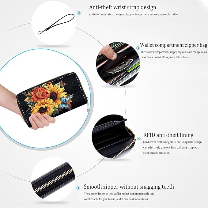 Bxgolkgd Womens Wallet, RFID Blocking Leather Wallet,Large Capacity Wallet Credit Card Holder PU Leather Ladies Clutch with Zipper Coin Pocket - Sunflower Butterfly