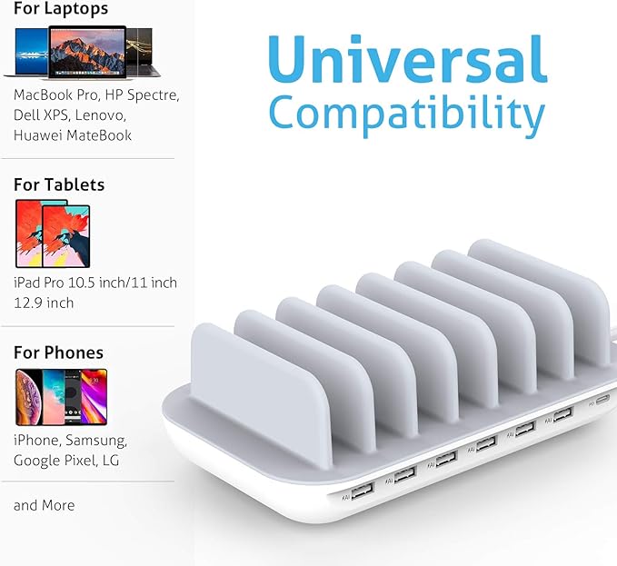 SooPii 70W 7 Port Charging Station for Multiple Devices,Charger Station with One 30W Power Delivery Port for Laptops,and 6 USB Ports for Smart Phones,Tablets,Other Electronics, White