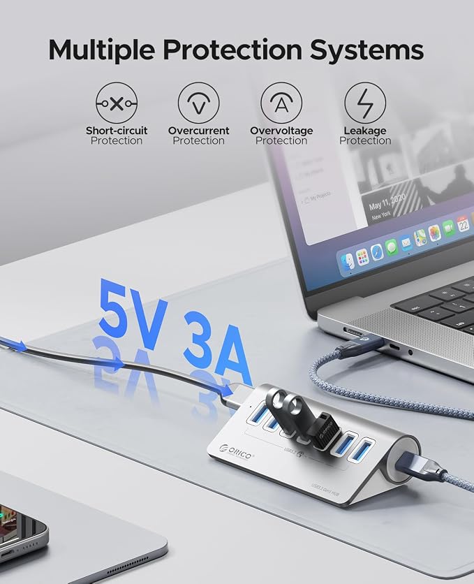 ORICO 7-Port USB 3.2 Gen2 Hub, Desktop USB 3.2 Hub with 7 USB-A Ports, 5V 3A Power Supply Port, 10Gbps Aluminium USB-Splitter with 1.64Ft USB-C to USB-A/C Cable for iMac, MacBooks, Mac mini