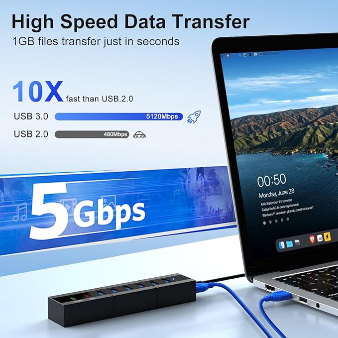 Powered USB 3.0 Hub, RAOYI 8 Ports High Speed USB 3.0 Hub Splitter with 36W Power Adapter, 3.3ft Cable and Smart Fast Charger USB Hub for for Laptop, PC, Mac, Mobile HDD, Mulitple Devices (Black)