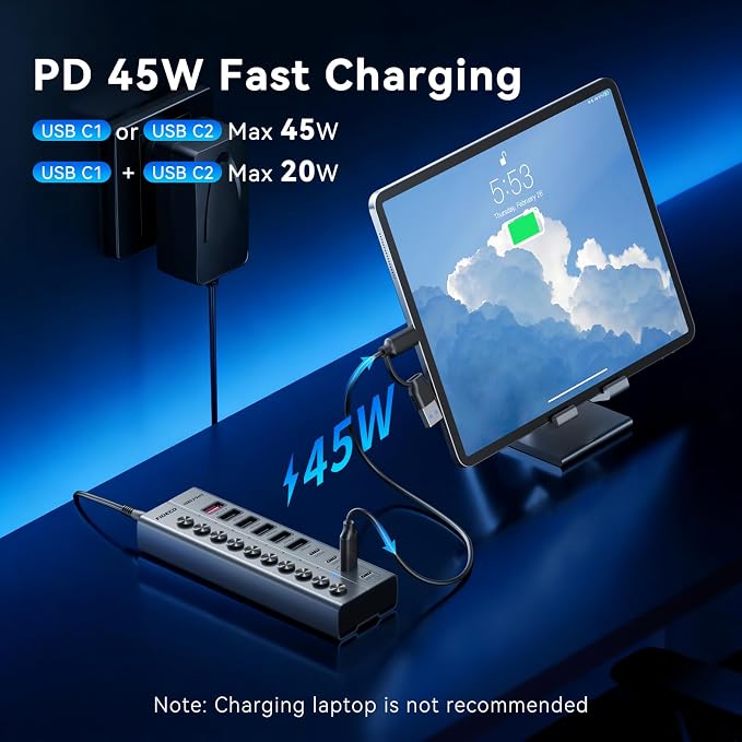 FIDECO 10-Port 72W Powered USB Hub, USB C Hub with 1 BC1.2, 2 PD 45W Charging Ports, and 7 USB 3.2 Ports (5 USB-A + 2 USB-C), Aluminum 10Gbps USB Hub for Laptop, PC, MacBook, iPhone 17/16/15, Grey