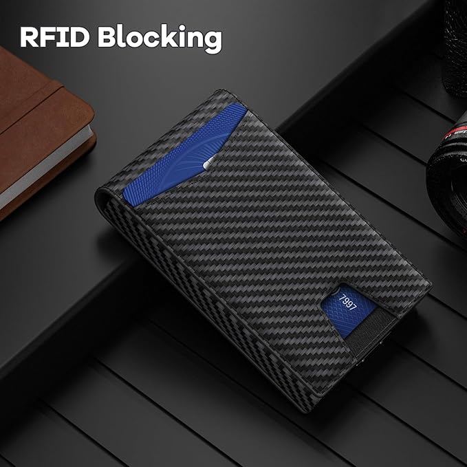 Wallet for Men, Gift Boxed Slim Minimalist Wallet for Men with Money Clip and Genuine Leather Slots RFID Blocking Pop Up Metal Aluminum Smart Wallet Card Case (Carbon Fibre Black)