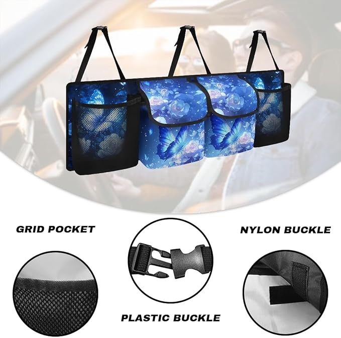 Blue Butterfly Roses Car Backseat Hanging Trunk Organizer for SUV Car Storage Bag with 4 Pockets Multipurpose Adjustable Car Organizer Bag Auto Interior Accessories