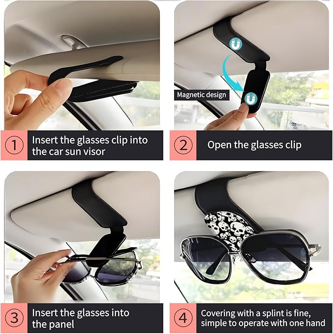 Sunglasses Holder for Car Visor, PU Leather Glasses Clip Organizer, Cute Magnetic Eyeglass Holder for Vehicle Sun Visor, Car Interior Accessory for Women & Men Black White Skull Pattern