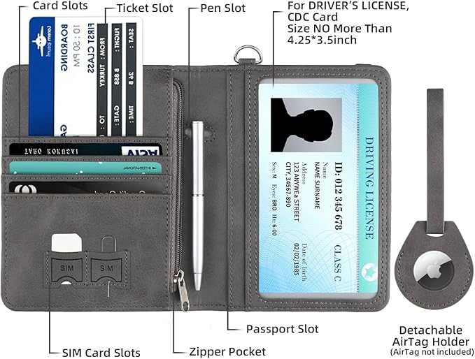 WALNEW AirTag Passport Holder, PU Leather Airtag Wallet RFID Blocking Passport Cover Travel Essentials Case for Women Men (Gray)